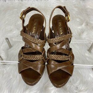 Prada Women's Brown Designer Braided Leather Strappy Luxury Heels IT 37.5 / US 7
